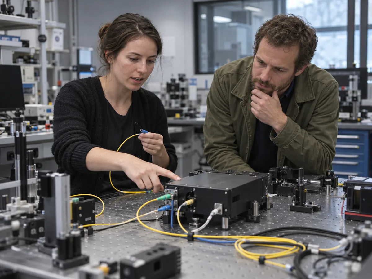 Deux personnes discutent d’un prototype photonique sur une table de laboratoire optique