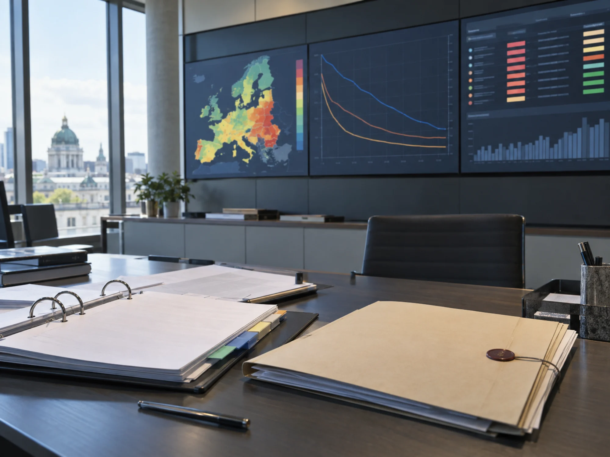 Une salle de contrôle bancaire affiche une carte des risques, des courbes de stress et des alertes près de dossiers d'audit.