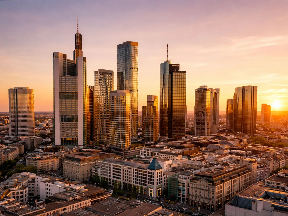 Frankfurt banking district skyline at sunset